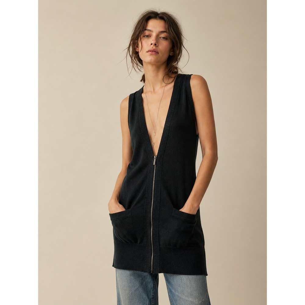 Banana Republic Womens Minimalist Wool Cotton Zip Front Longline‎ Vest S Black